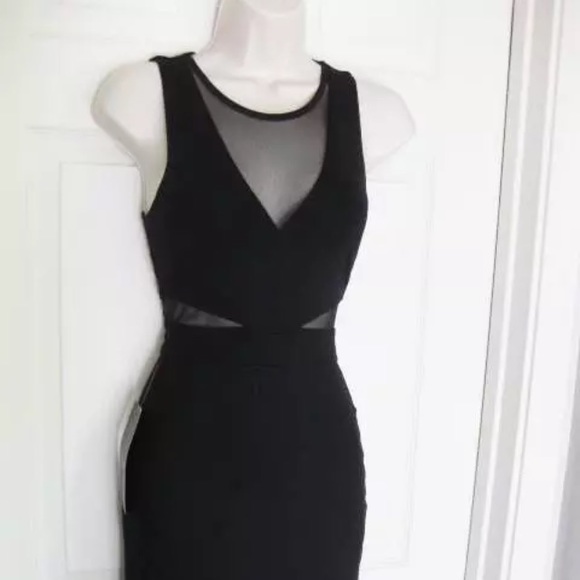 Bebe Deep V Black Mesh Inset Midi Dress - Picture 3 of 7